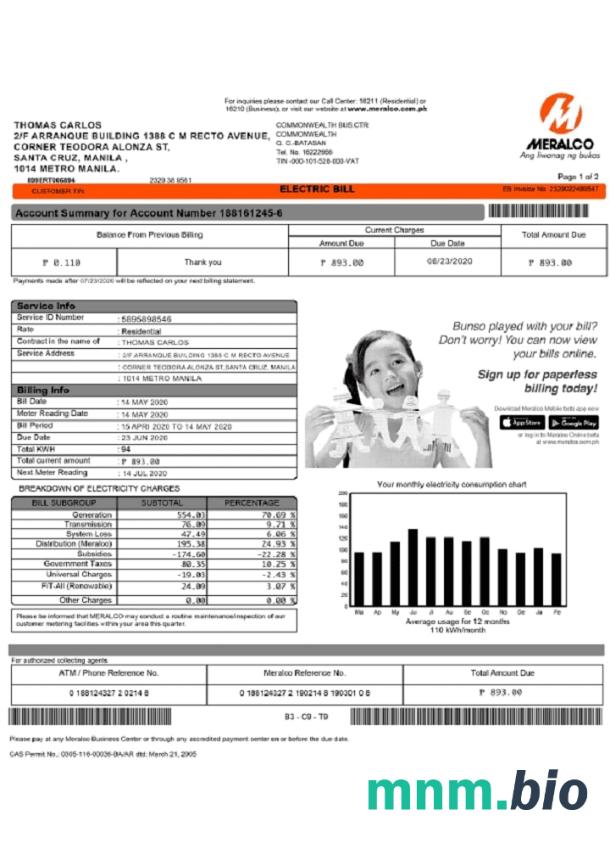 Filipiny Meralco szablon rachunku za energię elektryczną w formacie Word i PDF